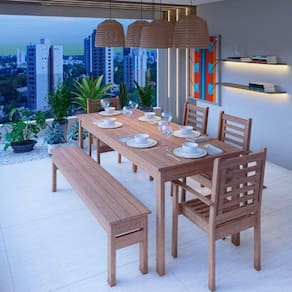 Conjunto Mesa, Banco e 4 Cadeiras Madeira Maciça Cedro Rosa Madeira