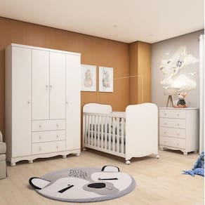 Quarto de Bebê Completo 1 Berço Americano Uli 1 Guarda Roupa Júnior 1 Cômoda Júnior Móveis Peroba Branco Brilho Móveis Peroba