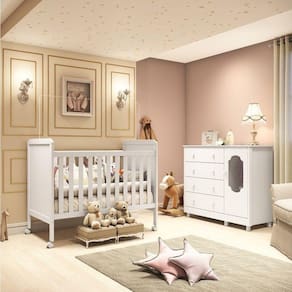 Conjunto Quarto de Bebê Cômoda com Janela 4 Gavetas Berço 2 em 1 Mateo Espresso Móveis Branco Brilho