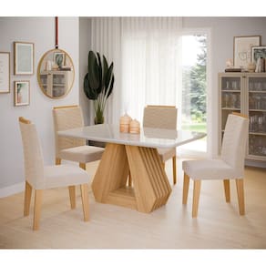 Conjunto Sala de Jantar Mesa Ágata 130x80cm Tampo Vidro/MDF com 4 Cadeiras Clarice Cimol Marrom/Off White/Nude