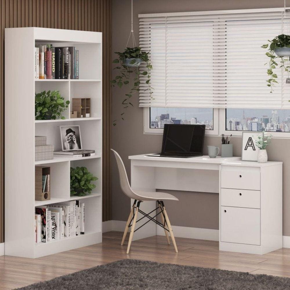 Conjunto Home Office Escrivaninha Guali  Estante 4 Prateleiras Magnólia Demolição Yescasa Branco