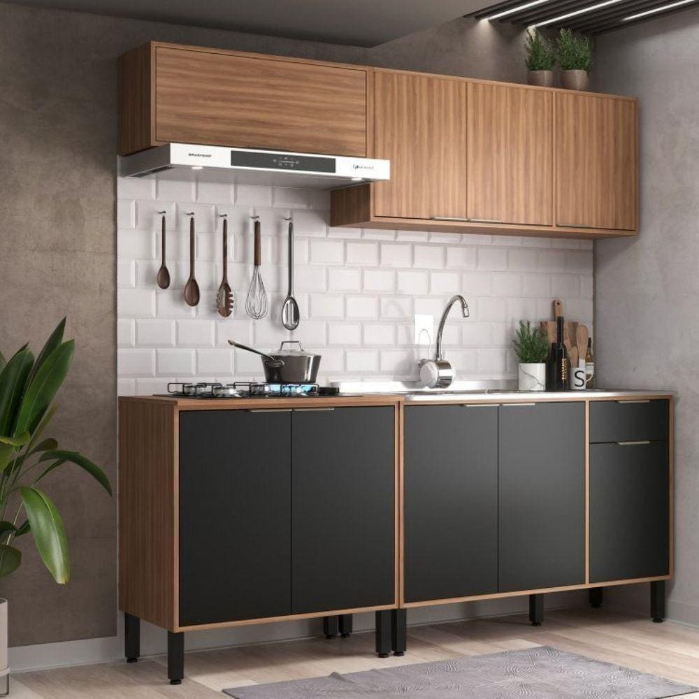 Cozinha Modulada 4 Peças 9 Portas 1 Gaveta Thalita Moveis Sul Nogal Manchester/Preto
