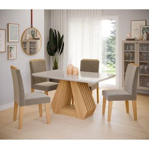 Conjunto Sala de Jantar Mesa Ágata 130x80cm Tampo Vidro/MDF com 4 Cadeiras Clarice Cimol Marrom/Off White/Joli