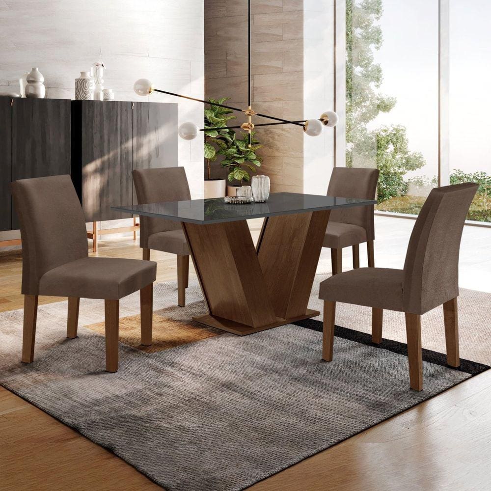 Conjunto Sala de Jantar Mesa 120x80cm Tampo MDF/Vidro com 4 Cadeiras Espanha Yescasa Chocolate/Grafite/Marrom
