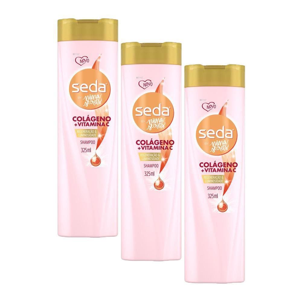 Kit 3 Shampoos Seda Colágeno e Vitamina C by Niina Secrets Frasco 325ml cada