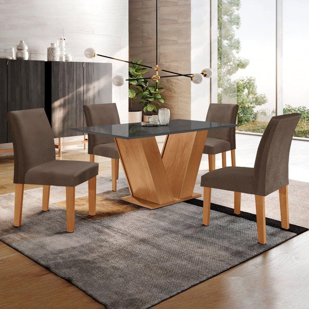 Conjunto Sala de Jantar Mesa 120x80cm Tampo MDF/Vidro com 4 Cadeiras Espanha Yescasa Cinamomo/Grafite/Marrom