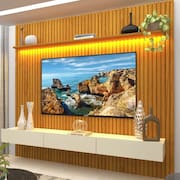 Painel para TV até 90 Polegadas 229x250cm Ripado com LED 3 Gavetas 100% MDF Naturale/Off White