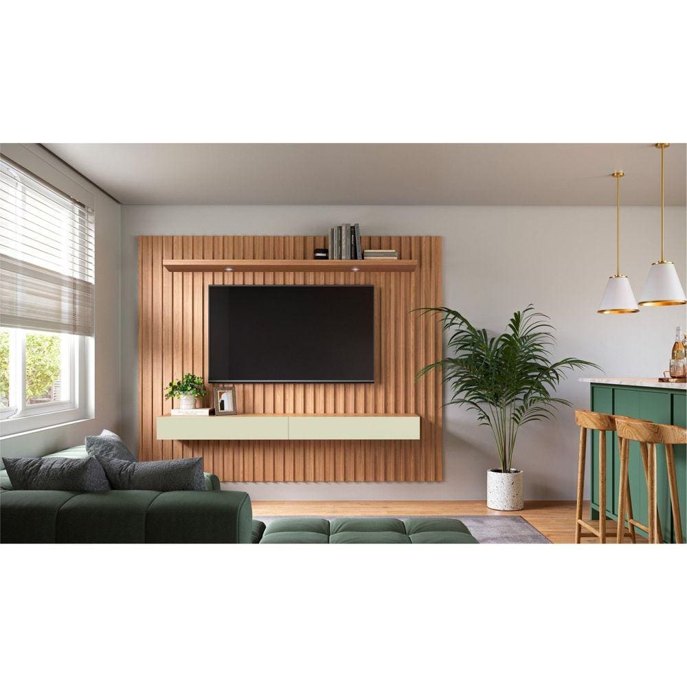 Painel Ripado para TV até 65 Polegadas 2 Gavetas 223cm Pradel Móveis Freijó/Off White