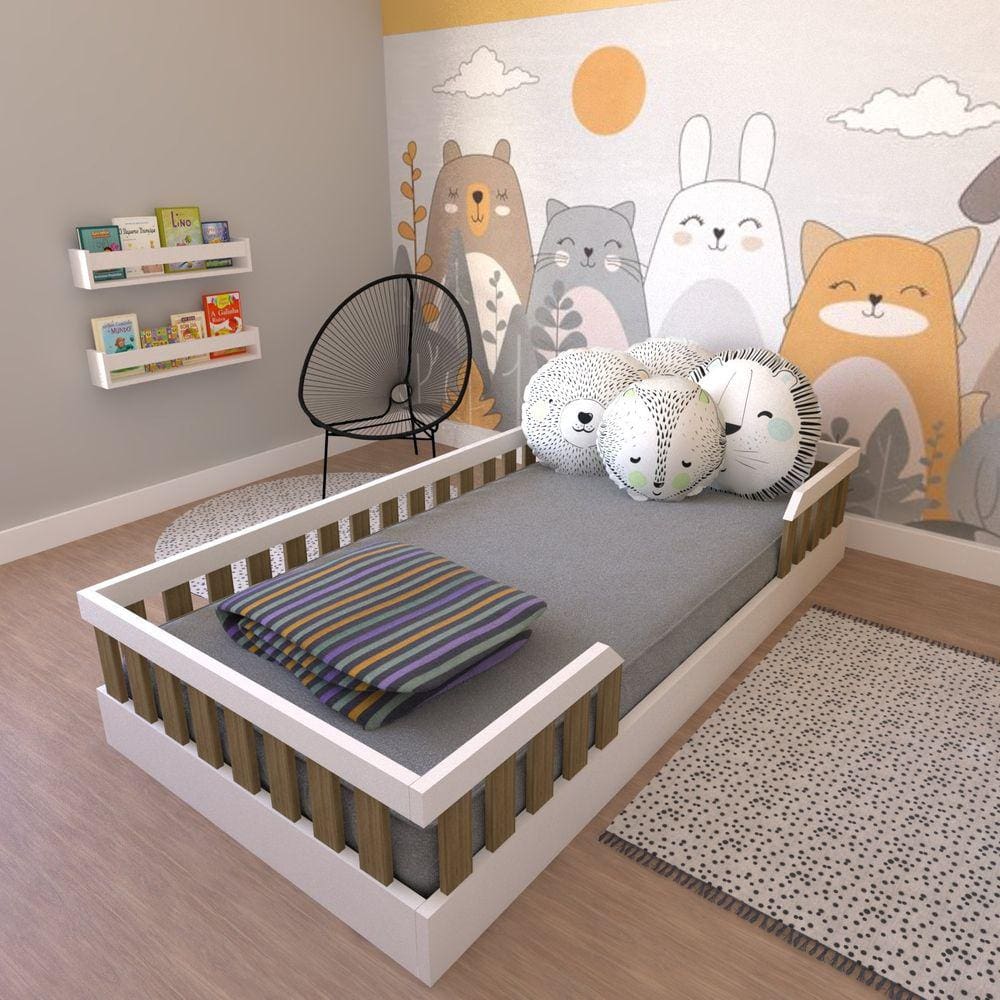 Cama Infantil Montessoriana Solteiro Cori Yescasa Branco/Carvalho Marrom