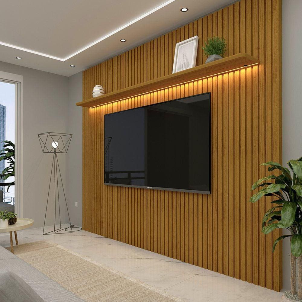 Painel Ripado para TV até 75 Polegadas com LED 1 Prateleira Nobre 230cm Gelius Móveis