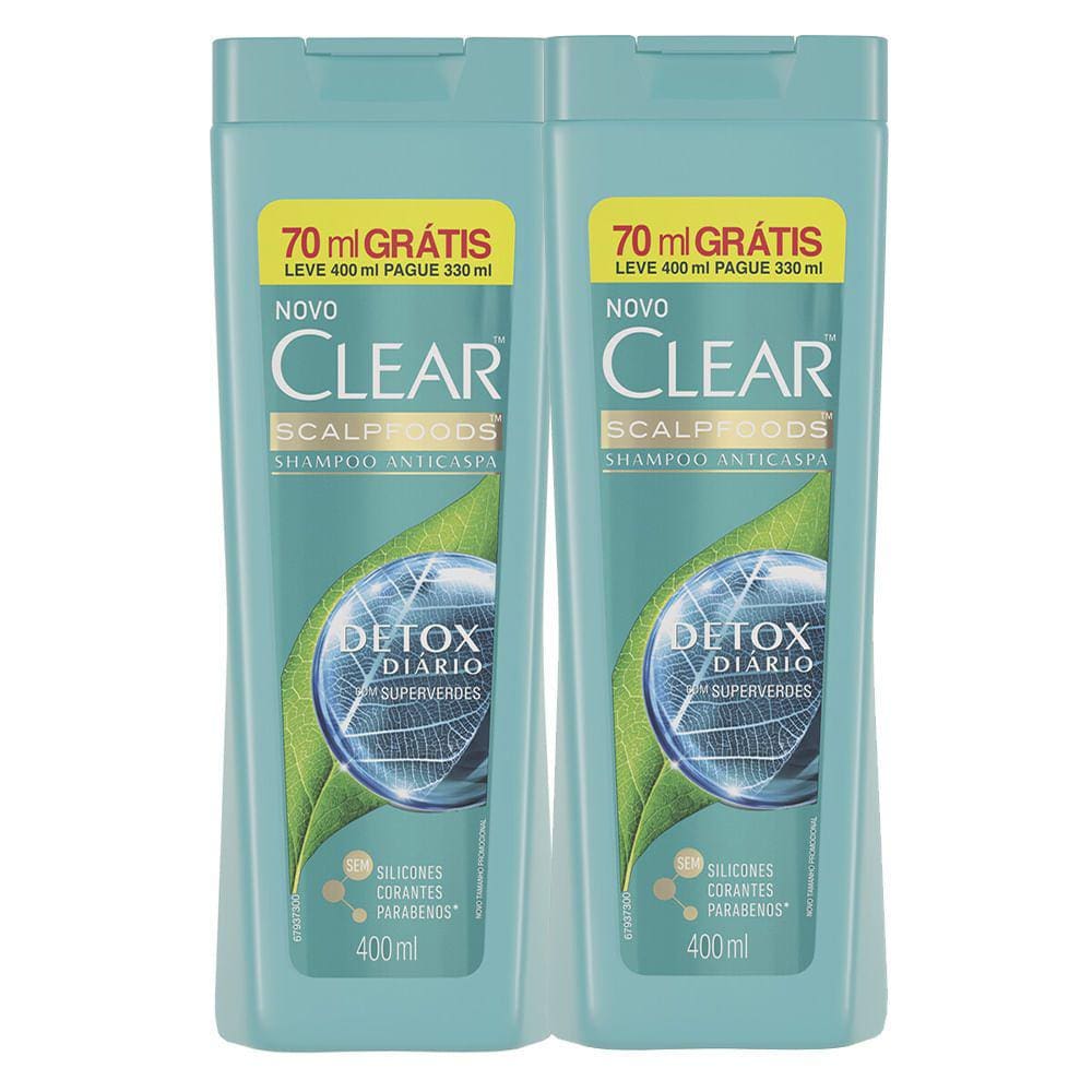 Kit 2X Shampoo Anticaspa Clear Detox Diário Leve 400ml Pague 330ml