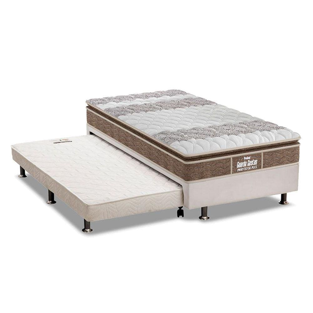 Cama Box c/Auxiliar Solteiro: Colchão Espuma Probel D33/EP Guarda Costas Plus Brown + Base CRC Courano Branco(88x188)