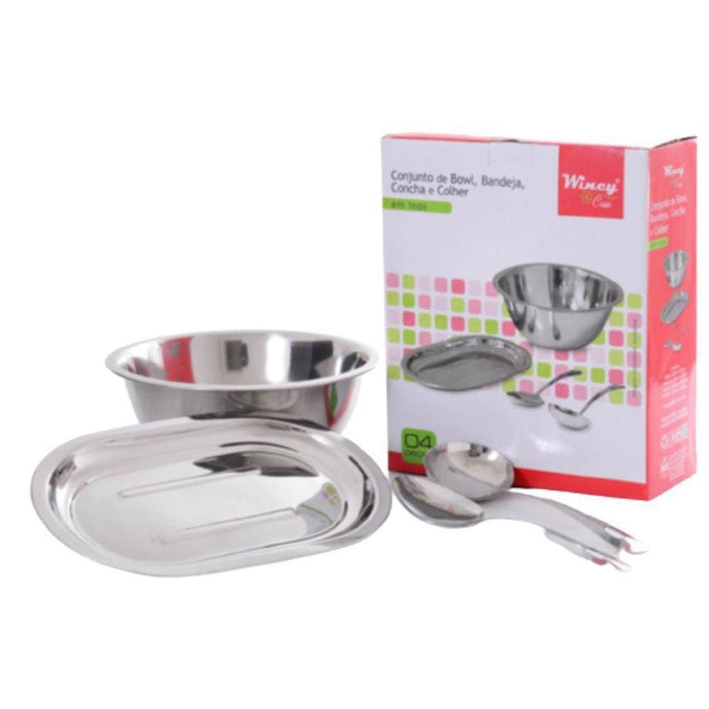 Conjunto De Bowl Bandeja Concha EColher Inox 4 Peças Wincy