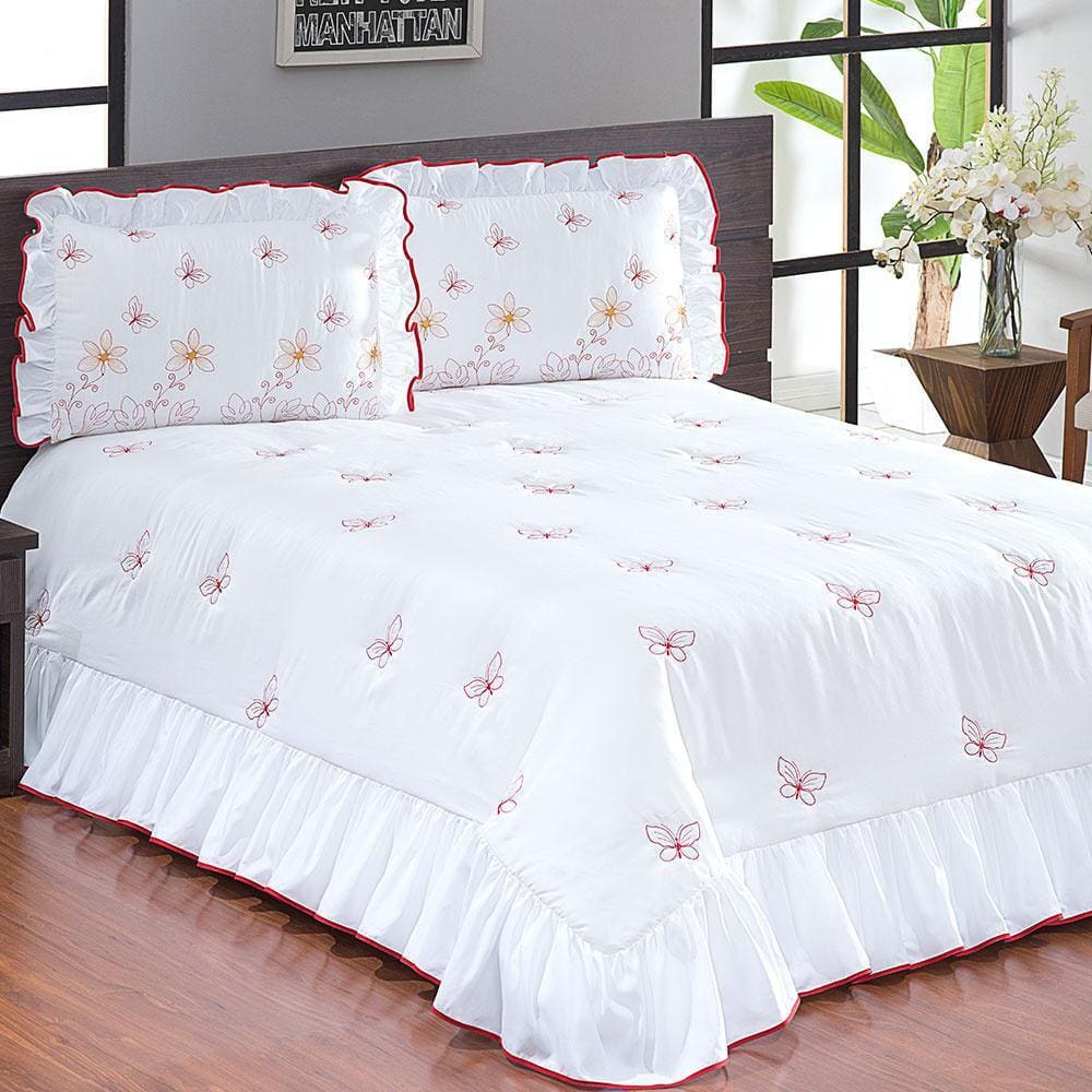 Colcha Casal Queen Coleção Borboletas 3Pçs Branco / Vermelho