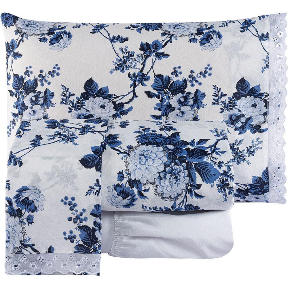 Jogo De Cama Queen Fascínio Algodão 04 Peças - Floral Azul