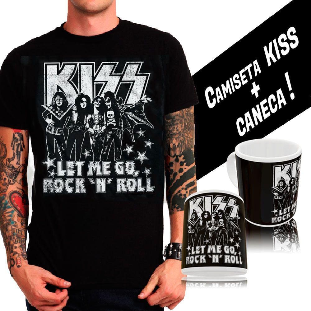 Camiseta banda Kiss estampa exclusiva retrô + caneca