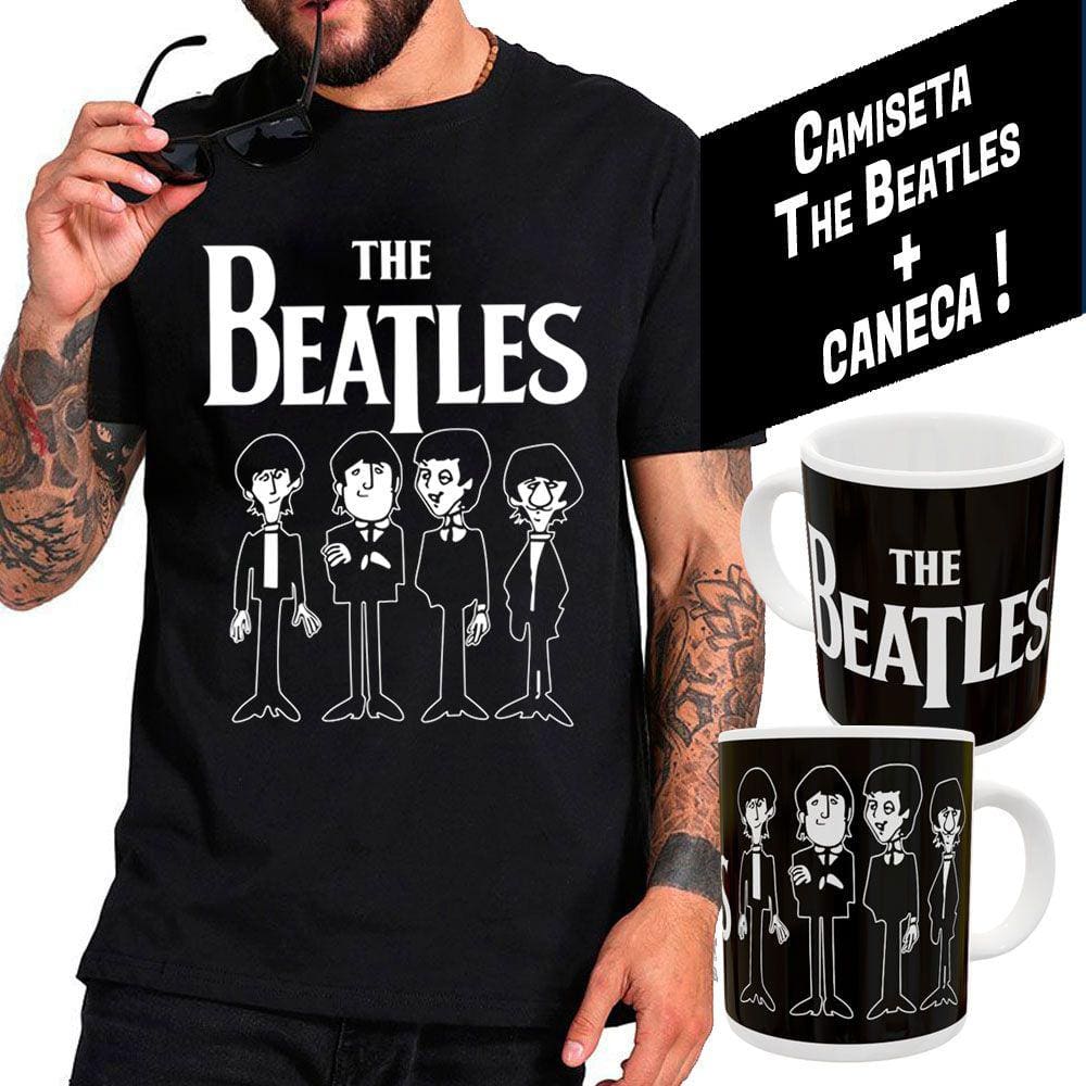 Camiseta Teh Beatles + caneca, estampa exclusiva, unissex