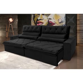 Sofá Retrátil Reclinável França 2,50m Suede Velut Preto c/ Molas no Assento - King House