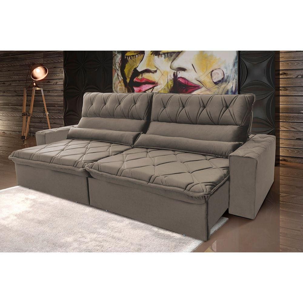 Sofá Retrátil Reclinável França 2,70m Suede Velut Tabaco c/ Molas no Assento - King House