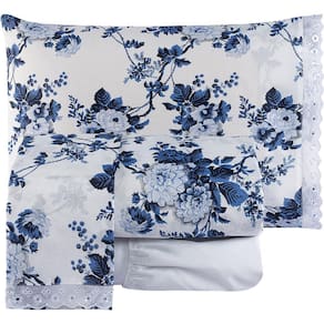 Jogo De Cama Casal Fascínio Algodão 04 Peças - Floral Azul