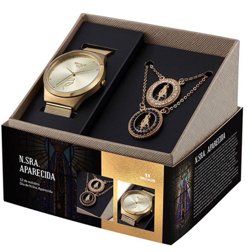 Kit Relógio Seculus Dourado Nossa Senhora 44040Lpskda1K1