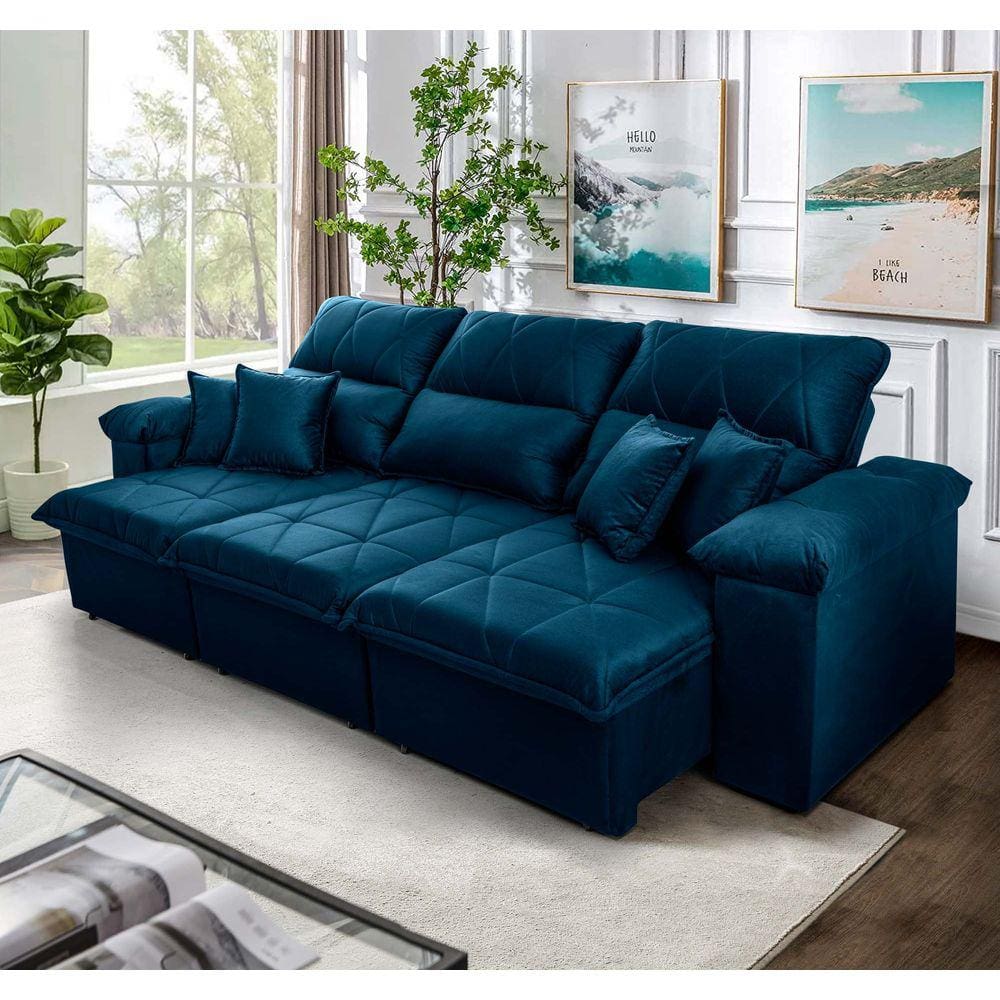 Sofá Retrátil Reclinável Trento 2,30m Suede Velut Azul c/ Molas no Assento - King House