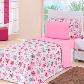 Kit Colcha Solteiro Kids Dupla Face Cupcake 4 Peças Rosa