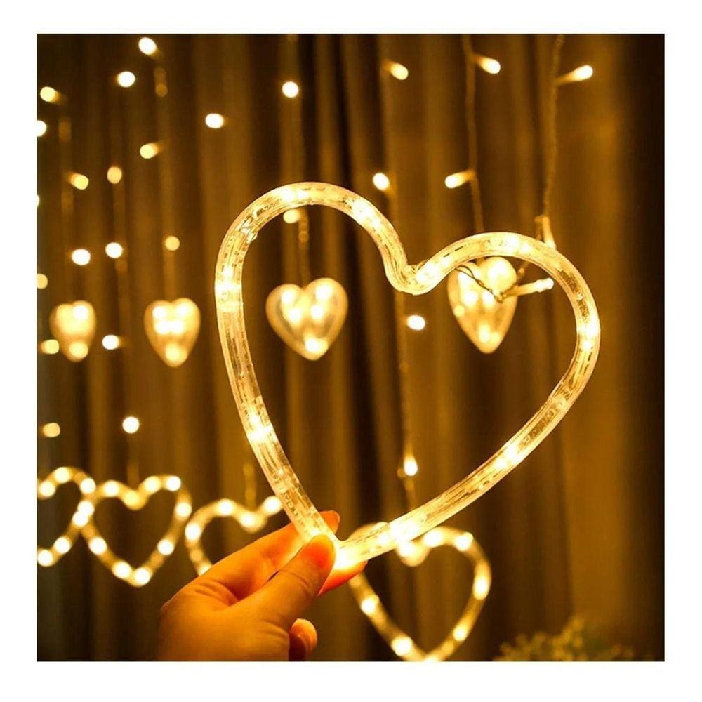 Pisca Pisca Cascata 138 Leds 2.5 Metros Amarelo 127V Corações Com Controle 8 Funções Casa Decoração Enfeites Natal 11663