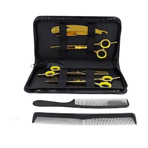 Kit Tesoura Dourada Fio Laser Fio Navalha Desfiadeira Estojo