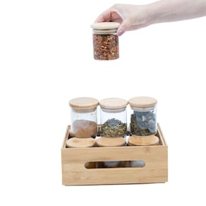 Kit caixa de bambu vazada e 10 potes de vidro de 200ml Oikos