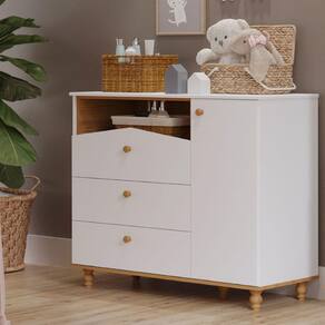 Cômoda Bebê 3 Gavetas 1 Porta Casinha Permóbili Baby Branco/Nature - 100% MDF