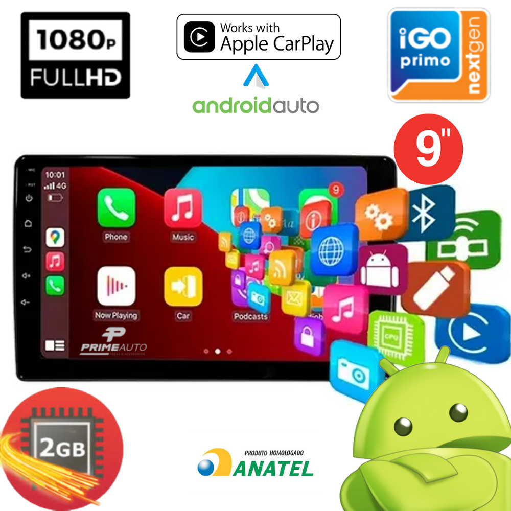 Central Multimídia Android 9 Polegadas 2GB RAM 32GB Memória CarPlay Knup KP-RA910