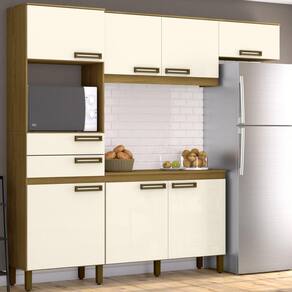 Cozinha Compacta 1 Balcão 1 Armário Alto e Armário Aério 7 Portas 2 Gavetas Star Briz Marrom/Off White