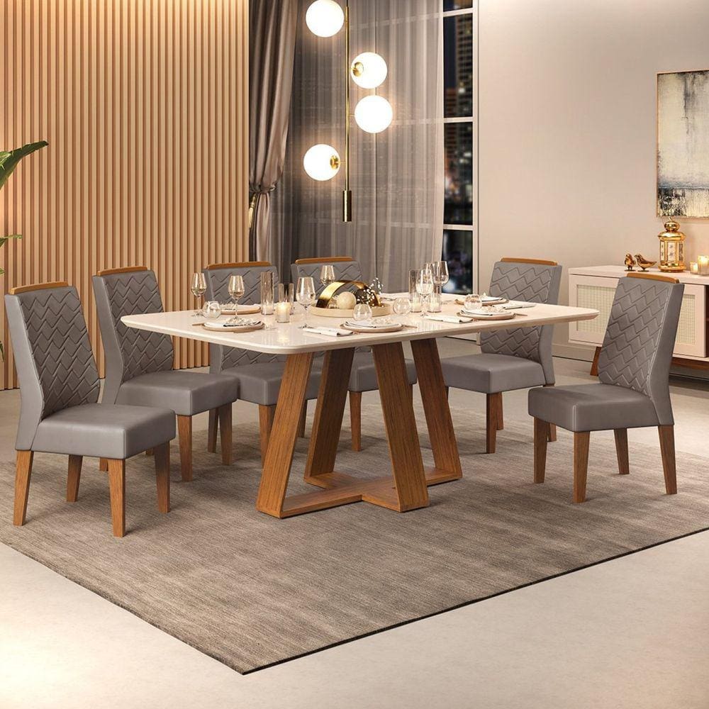 Conjunto Sala de Jantar Mesa Kiara 160x90cm Tampo Vidro/MDF com 6 Cadeiras Lidia DJ Móveis Freijó/Off White
