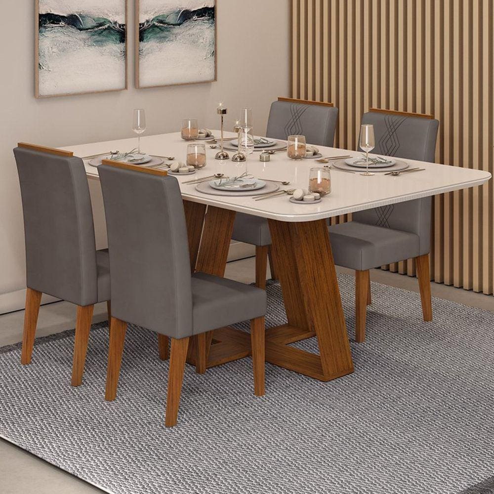 Conjunto Sala de Jantar Mesa Kiara 160x90cm Tampo Vidro/MDF com 4 Cadeiras Yasmin DJ Móveis Freijo/Off White/Veludo Lunar