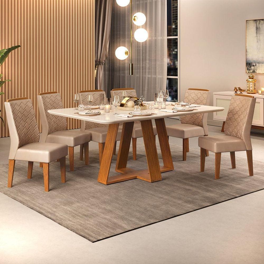 Conjunto Sala de Jantar Mesa Kiara 160x90cm Tampo Vidro/MDF com 6 Cadeiras Lidia DJ Móveis Freijo/Off White/Veludo Kraft