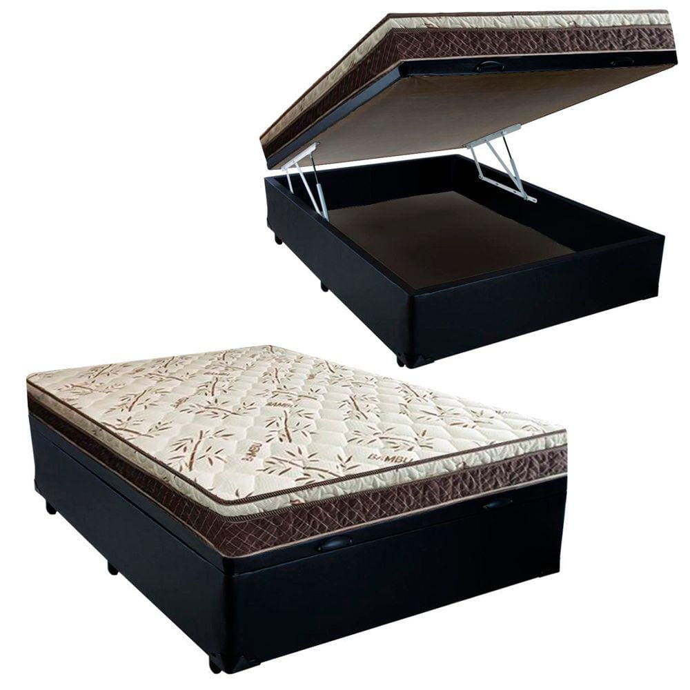 Cama Box Baú Casal Blindado Corino + Colchão Casal Espuma Extra Firme D33 Elegance Ortopédico 64x138x188 Preto