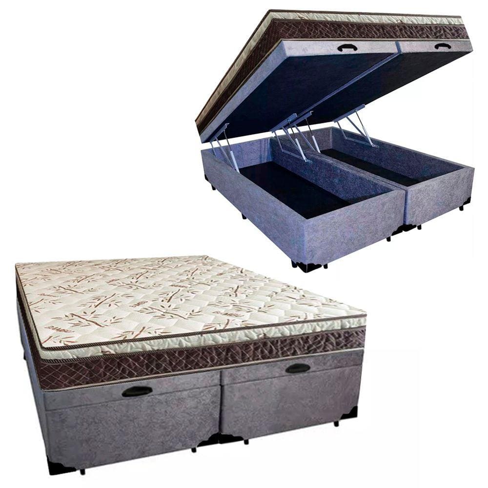 Cama Box Baú Bipartido Casal Blindado Suede + Colchão Casal Espuma Extra Firme D33 Elegance Ortopédico 64x138x188 Cinza