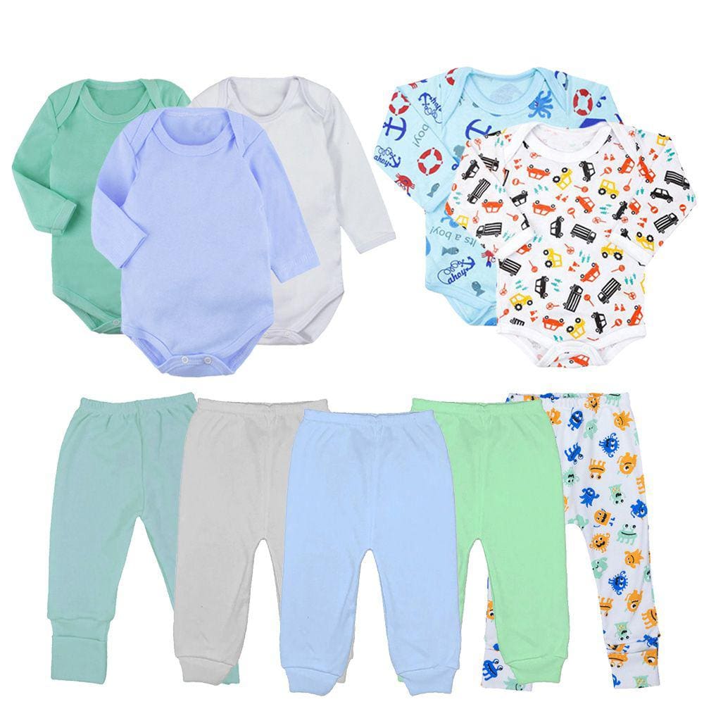 Kit Enxoval Bebê 10 Peças Body Manga Longa e Mijão Algodão