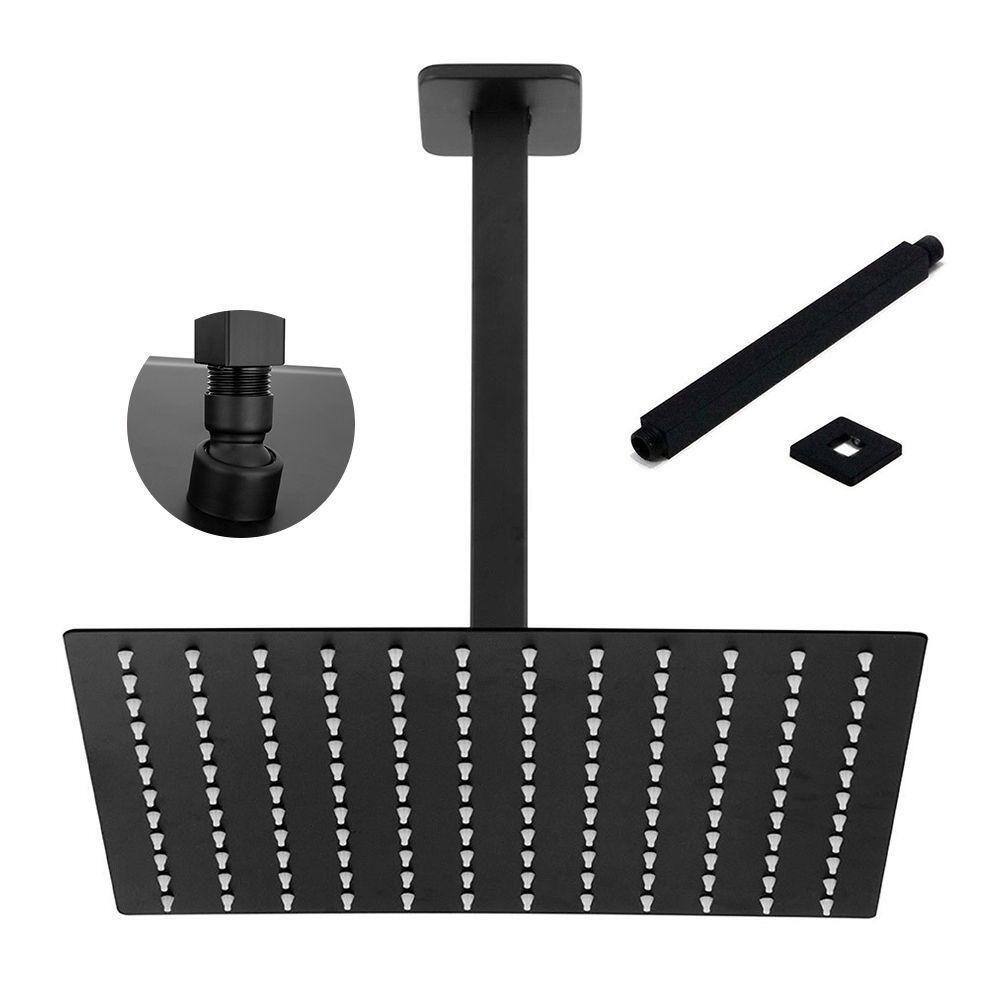 Chuveiro Ducha Preto Fosco 20x20 Inox Suporte Teto Quadrado