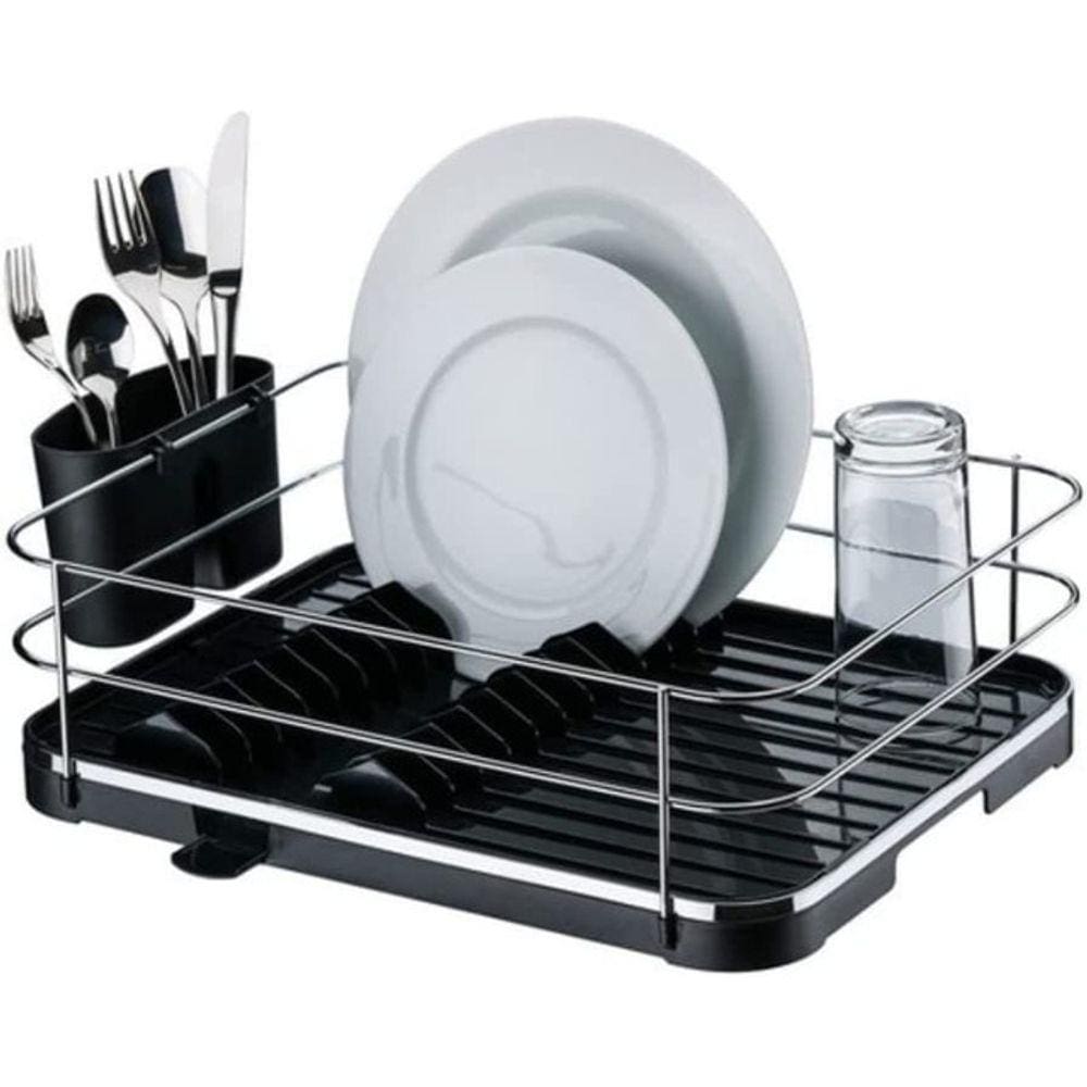 Escorredor Louças Com Porta Talheres Pratos Preto E Cromado