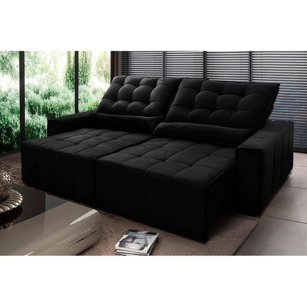 Sofá Retrátil Reclinável Alaska 2,30m Suede Velut Preto c/ Molas no Assento - King House