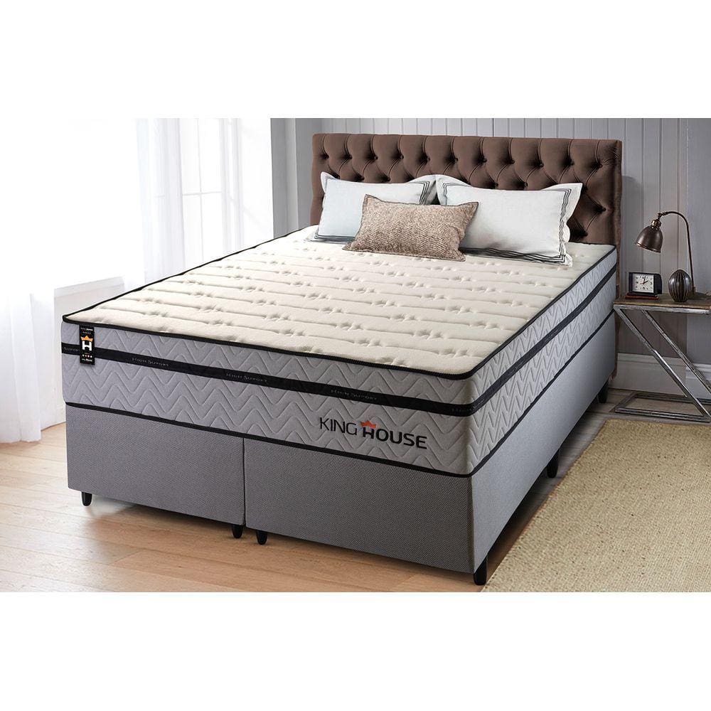 Conjunto Cama Box c/ Molas Ensacadas Preston Cinza King 193x203x71
