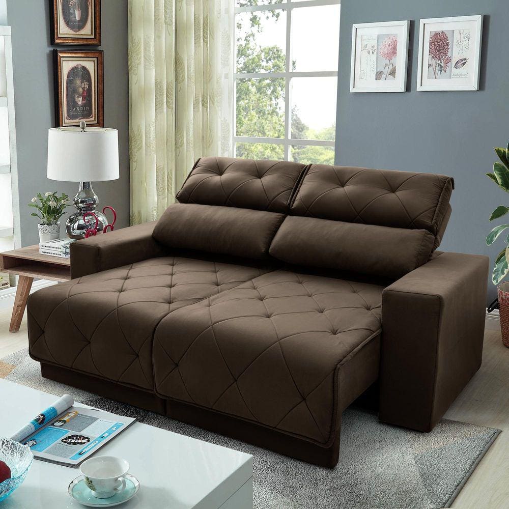 Sofá Retrátil Reclinável Belga 1,80m Suede Velut Marrom c/ Molas no Assento - King House