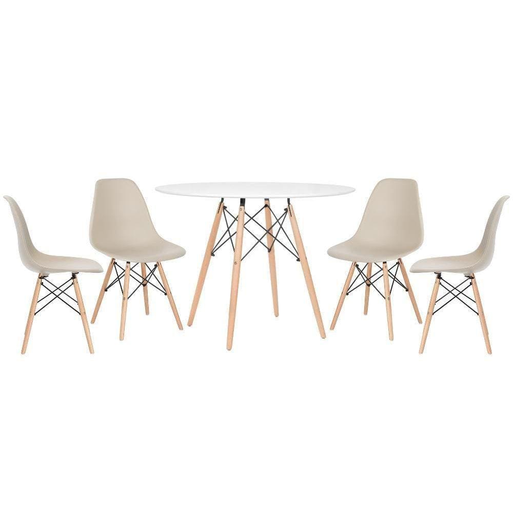 Mesa Redonda Eames 100cm Branco + 4 Cadeiras Nude