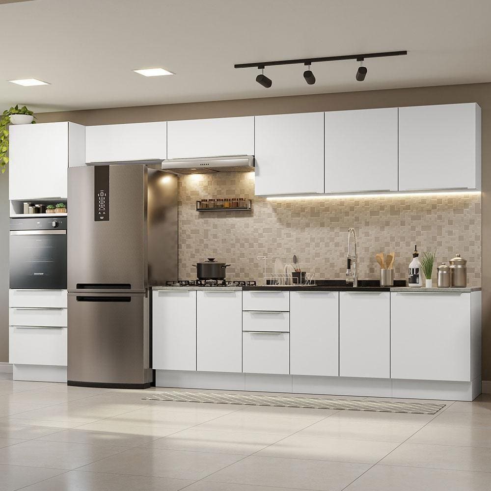 Armário De Cozinha Completa 400Cm Branco Veludo Branco