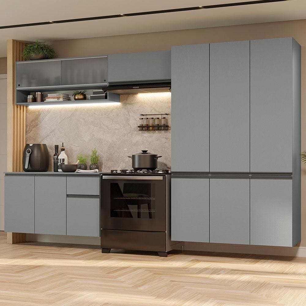 Armário De Cozinha Completa Suspenso 320Cm Cinza