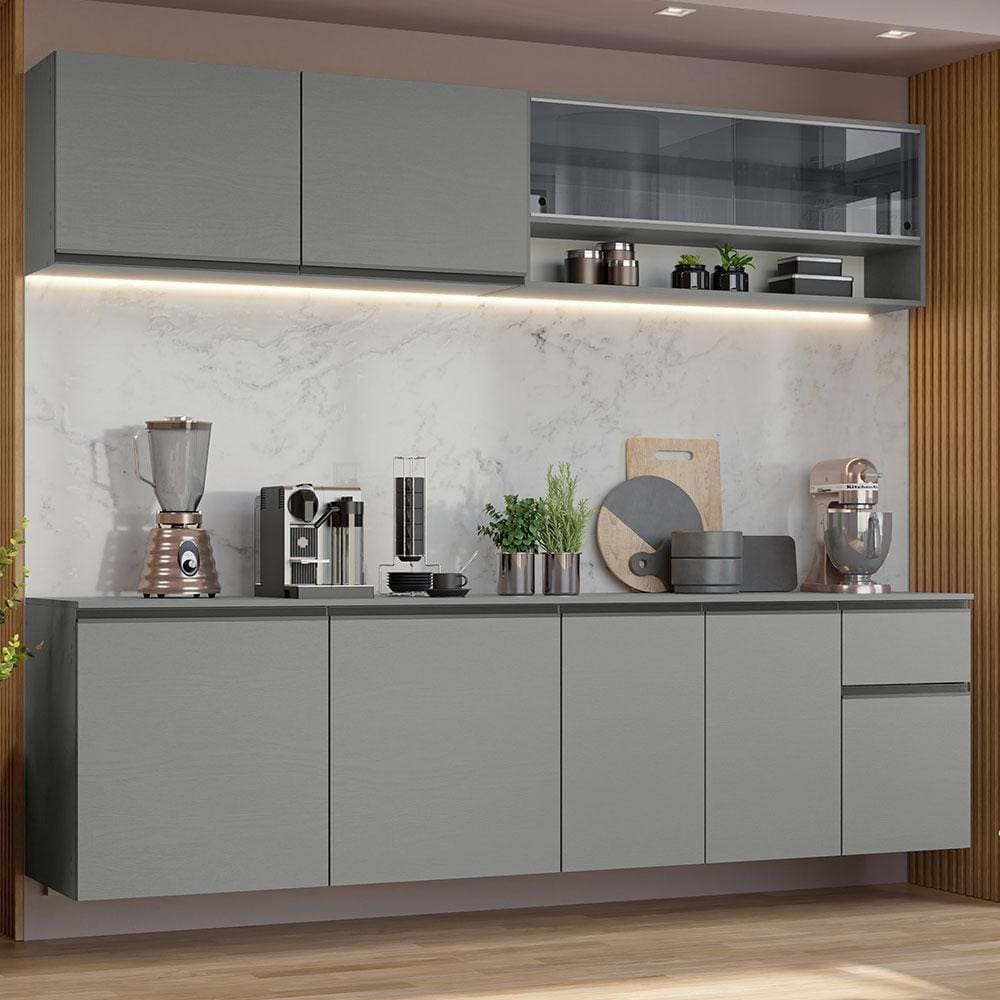 Armário De Cozinha Completa Suspenso 240Cm Cinza