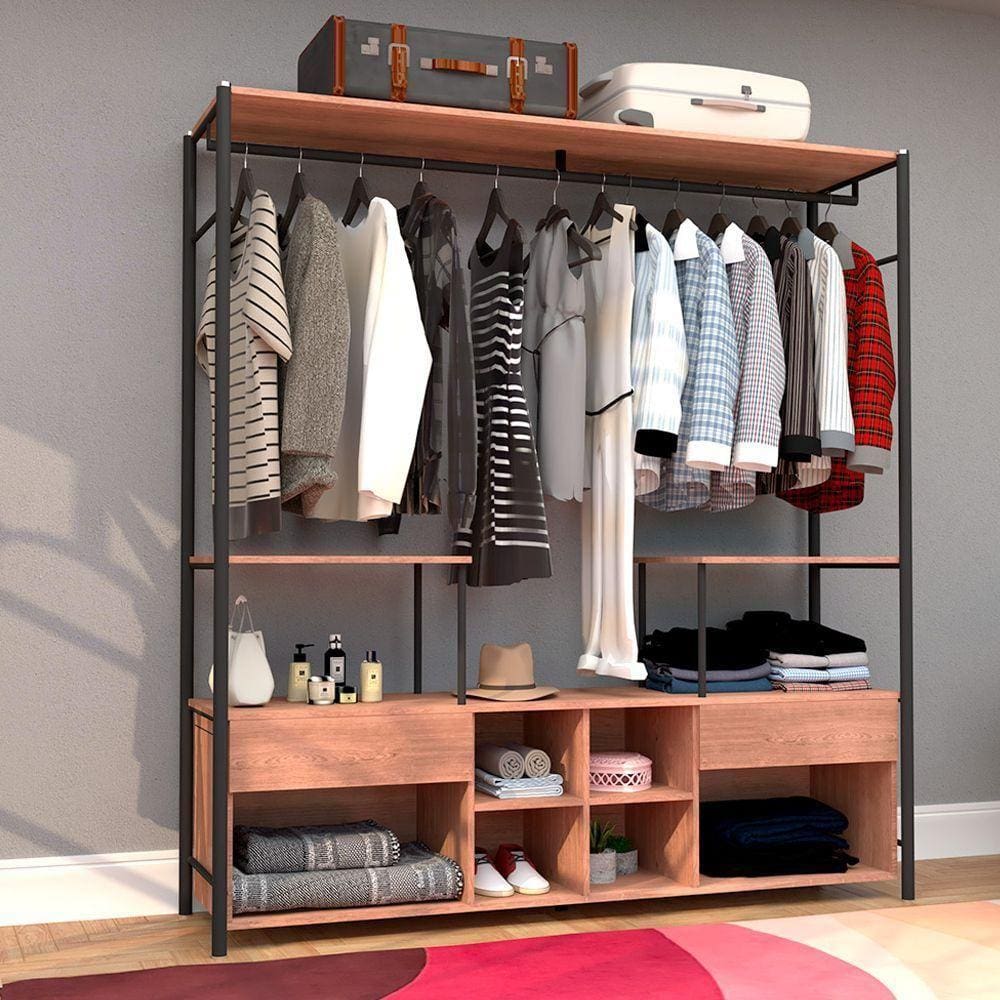 Guarda Roupa Casal Industrial 174cm 2 Gavetas Demolição/preto