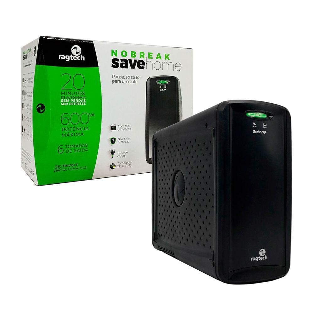 Nobreak 600VA Ragtech Save Home, STD-TI, Entrada Bivolt, Saída 115V, 6 Tomadas, Preto - 20NSH4114